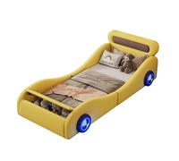 Lit rembourré 90/200 cm jaune en PU avec roues lumineuses et rangement