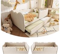 Lit rembourré 90 x 190 cm avec lit gigogne, lit de jour, lit d'enfant en lin avec sommier à lattes, beige, silencieux, stable, canapé-lit sans matelas