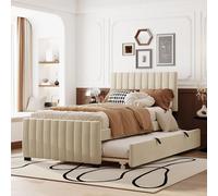 Lit rembourré 90 x 190 cm avec lit gigogne, lit simple plat en tissu velours doux pour la peau Lit d'enfant Lit d'adolescent Lit d'invité (beige)
