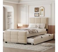 Lit rembourré 90 x 190 cm avec lit gigogne, lit simple plat en tissu velours doux pour la peau Lit d'enfant Lit d'adolescent Lit d'invité (beige)