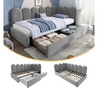 Lit rembourré 90 x 190 cm avec tête de lit et sommier à lattes, lit de jour avec 2 tiroirs, espace de rangement, lit pour adolescent, fonction canapé, velours gris