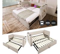 Lit rembourré 90 x 190 cm, lit de jour avec lit gigogne, aspect lin, canapé-lit avec port USB Type-C, porte-gobelets, charge maximale 150 kg, beige, sans matelas
