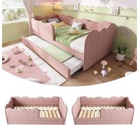 Lit rembourré 90 x 190 cm, lit de jour avec lit gigogne, velours rose. Lit de jour moderne avec sommier à lattes. Lit d'enfant et lit d'appoint, sans matelas. Expédié en 2 colis.