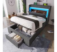 Lit rembourré 90 x 200 cm avec coffre de rangement hydraulique et tête de lit dotée d'un compartiment de rangement, d'un éclairage LED ainsi que de ports USB et USB-C, sans matelas