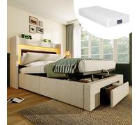 Lit rembourré 90 x 200 cm avec coffre de rangement hydraulique et tête de lit dotée d'un compartiment de rangement, d'un éclairage LED ainsi que de ports USB et USB-C, avec matelas