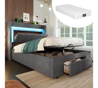 Lit rembourré 90 x 200 cm avec coffre de rangement hydraulique et tête de lit dotée d'un compartiment de rangement, d'un éclairage LED ainsi que de ports USB et USB-C, avec matelas