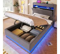 Lit rembourré 90 x 200 cm avec LED et port USB – Lit en lin gris, coffre de rangement à ouverture hydraulique, compartiment à rabat,par bouton-poussoir/application, 218 x 92,5 x 113 cm