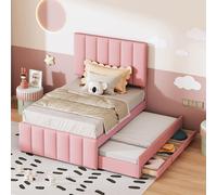 Lit rembourré 90 x 200 cm avec lit gigogne et espace de rangement, lit simple plat avec rembourrage en lin doux pour la peau, lit pour enfants et adolescents, lit d'appoint, rose