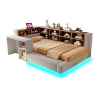 Lit rembourré 90 x 200 cm avec rangement, LED, prise et bureau, gris clair