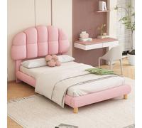 Lit rembourré 90 x 200 cm avec sommier à lattes en bois, lit pour enfants et adolescents en imitation non-tissé, lit simple moderne pour chambre à coucher et chambre d'adolescent, rose