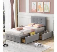 Lit rembourré 90 x 200 cm avec sommier à lattes et 2 tiroirs, lit simple avec tête de lit réglable et revêtement en velours pour chambre d'enfant, d'adolescent ou d'invité, gris