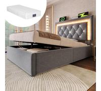 Lit rembourré 90 x 200 cm en velours, lit simple avec bande LED en forme de diamant, station de recharge USB et Type-C, coffre de rangement hydraulique (avec matelas)