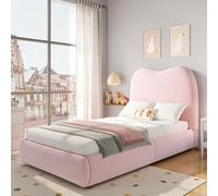 Lit rembourré 90 x 200 cm en velours rose, lit pour enfant et adolescent avec coffre de rangement hydraulique, tête de lit intégrée, sommier à lattes de 11 cm d'épaisseur