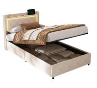 Lit rembourré 90 x 200 cm - Lit à rangement hydraulique - Tête de lit avec espace de rangement - Éclairage LED - Station de recharge USB - Velours