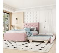 Lit rembourré 90 x 200 cm, lit d'enfant en velours avec tête de lit et lit gigogne à roulettes, lit plat rose pour adolescent avec sommier à lattes, sans matelas