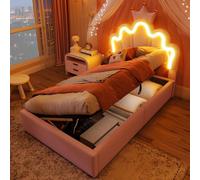 Lit rembourré 90 x 200 cm, lit d'enfant rose à motif couronnes avec tête de lit et éclairage LED | Lit avec rangement à système hydraulique pour fille, en cuir synthétique, sans matelas