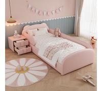 Lit rembourré 90 x 200 cm pour enfant avec sommier à lattes et table de chevet, motif ours, revêtement en velours rose, stable et silencieux, capacité de charge de 150 kg, expédié en 3 colis