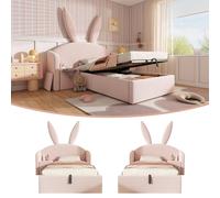 Lit rembourré 90 x 200 cm pour enfant, couleur rose, en velours, avec tête de lit en forme d'oreilles de lapin, sommier avec espace de rangement comprenant un sommier à lattes et une table de chevet, 