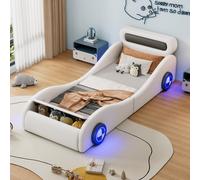 Lit rembourré 90 x 200 cm pour enfant, modèle voiture avec roues à LED et espace de rangement, lit pour adolescent enPolyuréthaneet MDF, stable et silencieux, blanc