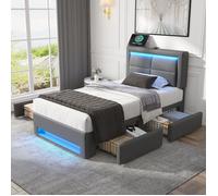 Lit rembourré 90x190 cm, avec connexion USB (supporte le chargement sans fil et avec fil), avec éclairage LED et quatre tiroirs, san