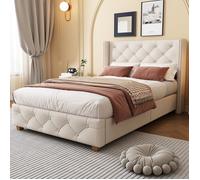 Lit rembourré 90x200 cm avec lattes et tête, capitonnage boutons, clous rivets, pieds bois, lin, beige