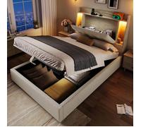 Lit rembourré 90x200 cm avec LED et USB Type-C, lit simple avec compartiment de rangement pliable, lin, lit 1 personne, beige