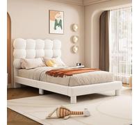 Lit rembourré 90x200 cm avec repose-tête réglable, de couleur blanche. Lit plat moderne en peluche et MDF. Silencieux. Lit stable pour adolescents, sans matelas