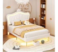 Lit Rembourré 90x200 cm en Similicuir Blanc avec LED - Lit Enfant - Forme Couronne, Pieds Surélevés, Sommier Inclus