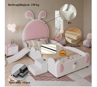 Lit Rembourré 90x200 cm, Lit Simple avec Petit Escalier et Toboggan pour Enfants, Tête de Lit avec Oreilles de Lapin, Lit Enfant,