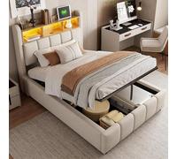 Lit rembourré 90x200, lit pour enfant, lit simple, lit pour adolescent, lits avec espace de rangement, tête de lit avec LED et port USB, étagère, lit avec système de levage hydraulique pour rangement,