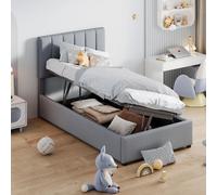 Lit rembourré 90x200cm avec coffre hydraulique, tissu lin gris, lit enfant avec sommier