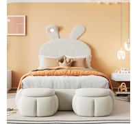 Lit rembourré 90x200cm avec oreilles de lapin, LED chaude réglable, 2 poufs de rangement, velours beige