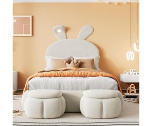 Lit rembourré 90x200cm avec oreilles de lapin, LED chaude réglable, 2 poufs de rangement, velours beige