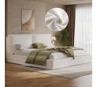 Lit rembourré à sommier hydraulique, lit double, avec sommier à lattes et tête de lit rembourrée, bouclé, idéal pour la chambre à coucher, 180 x 200, beige