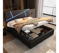 Lit rembourré avec bandes lumineuses LED, 140 × 200 cm, lit double avec sommier à lattes, dossier, lit fonctionnel à réglage hydraulique, cuir synthétique, noir