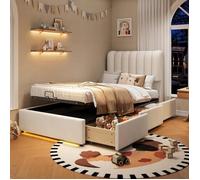 Lit rembourré avec barre lumineuse LED 90x200cm avec vérin à gaz hydraulique,avec 3 tiroirs, lit pour adolescent en velours beige