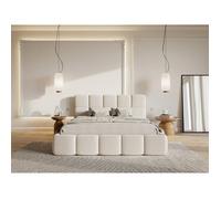 Lit rembourré avec coffre - CLOUDY - 160x200 cm - en tissu bouclette beige clair