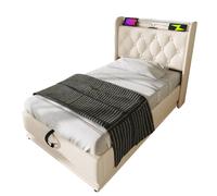 Lit rembourré avec coffre hydraulique, LED 360° et USB/Type-C, couchage 90×200 cm, PU blanc