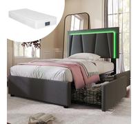 Lit rembourré avec éclairage LED et 2 tiroirs, tête de lit réglable en hauteur, lit simple 90 x 200 cm, lit avec rangement, sommier (avec matelas)