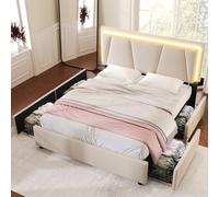 Lit rembourré avec éclairage LED et 4 tiroirs, tête de lit réglable en hauteur, lit double 140 x 200 cm, sommier avec rangement, beige (sans matelas)