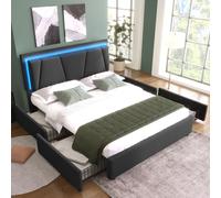 Lit rembourré avec éclairage LED et 4 tiroirs, tête de lit réglable en hauteur, lit double 140 x 200 cm, sommier avec rangement, gris (sans matelas)