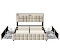 Lit rembourré avec éclairage LED - Sommier 160 x 200 cm avec 4 tiroirs - Station de recharge USB dans la tête de lit - Revêtement en lin - Beige