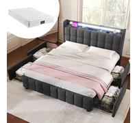 Lit rembourré avec fonction de recharge USB dans la tête de lit, éclairage LED et 4 tiroirs, lit double 140 x 200 cm, lit avec rangement, sommier (avec matelas)