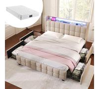 Lit rembourré avec fonction de recharge USB dans la tête de lit, éclairage LED et 4 tiroirs, lit double 160 x 200 cm (avec matelas)