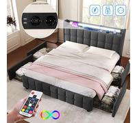 Lit rembourré avec fonction de recharge USB dans la tête de lit, éclairage LED et 4 tiroirs, lit double 180 x 200 cm, lit avec rangement, sommier (sans matelas)