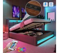 Lit rembourré avec port USB 140 x 200 cm, lit double à LED avec sommier à lattes et cadre en métal, structure de lit en lin (sans matelas)