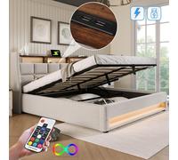 Lit rembourré avec port USB 140 x 200 cm, lit double à LED avec sommier à lattes et cadre en métal, structure de lit en lin (sans matelas)