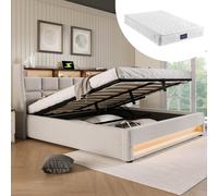 Lit rembourré avec port USB 160 x 200 cm, lit double à LED avec sommier à lattes et cadre en métal, lit pour adolescent avec structure en lin (matelas inclus)