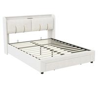 Lit rembourré avec rangement - Lit double 160 x 200 cm - Structure en bois avec revêtement en velours - Tête de lit avec éclairage LED et port USB - Coffre de rangement avec tiroir - Beige