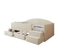 Lit rembourré banquette multifonction en velours beige 90x190 cm, avec marches, barrières et 2 tiroirs, sans matelas
